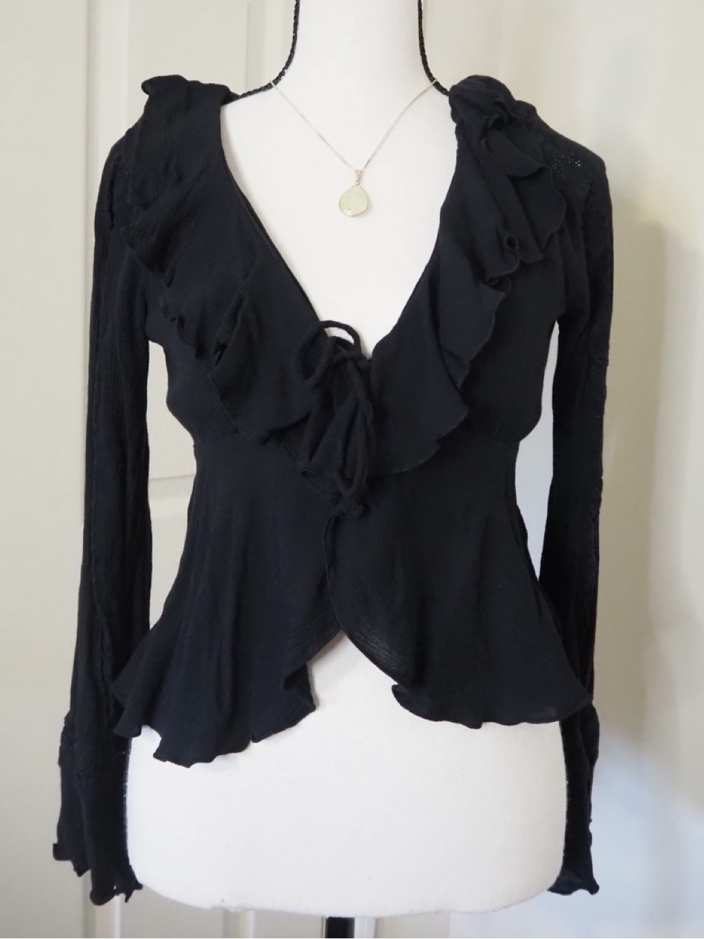 Hollister Black Easy Sleeve Ruffle Baby Doll Lace Paneled Tie Front Top Small View 2